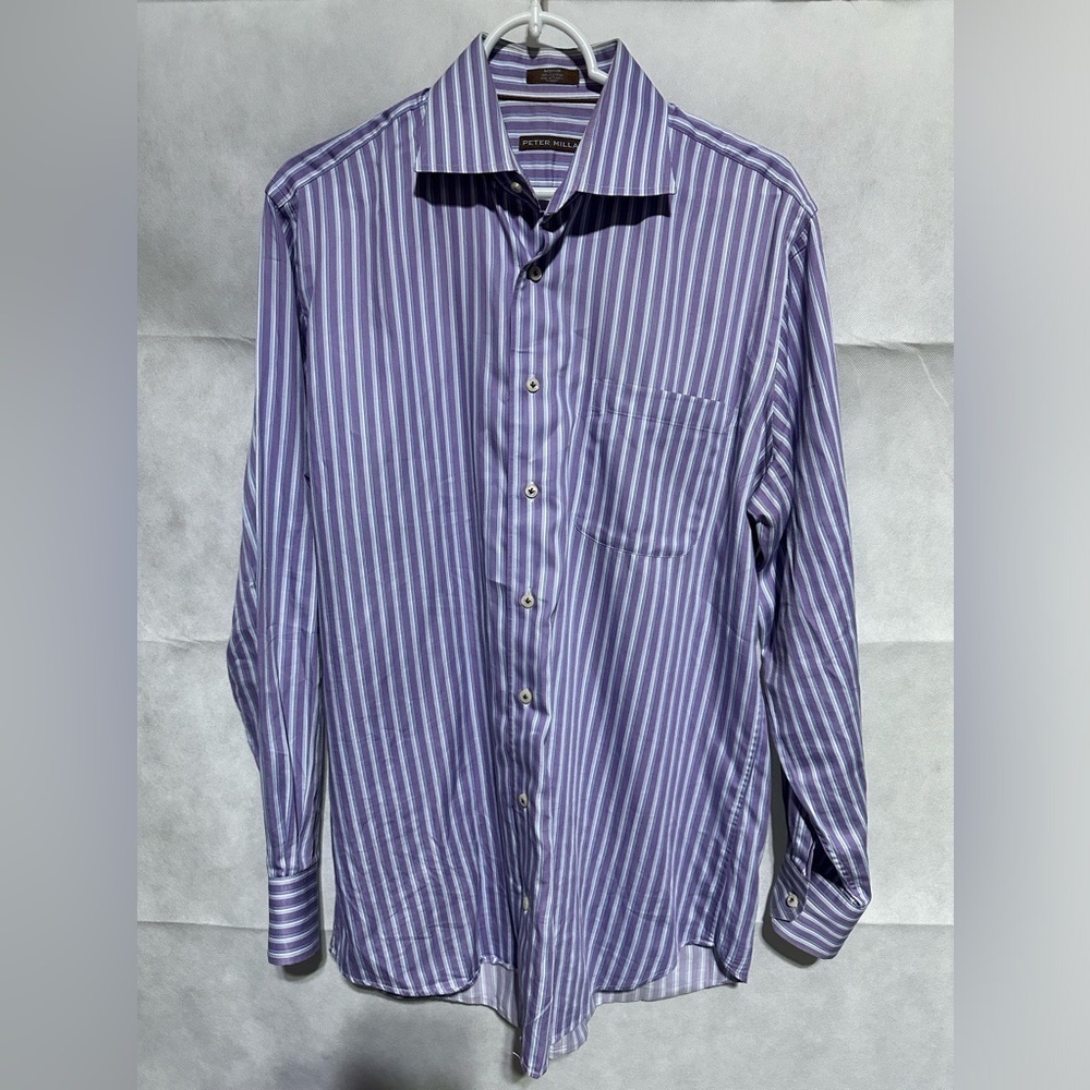 Peter Millar Men’s M Purple Stripe Button Up Long Sleeve Dress Shirt 100% Cotton